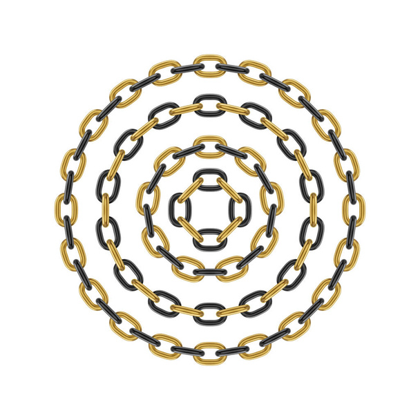 Metal round stainless steel chain set. Realistic vector looped black and gold chain for design. - Vector, Image