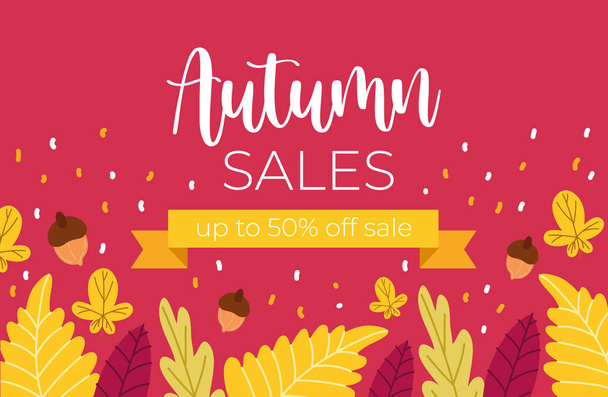 Herbst Verkauf Poster mit Schriftzug und Schleifenrahmen in rosa Hintergrund - Vektor, Bild
