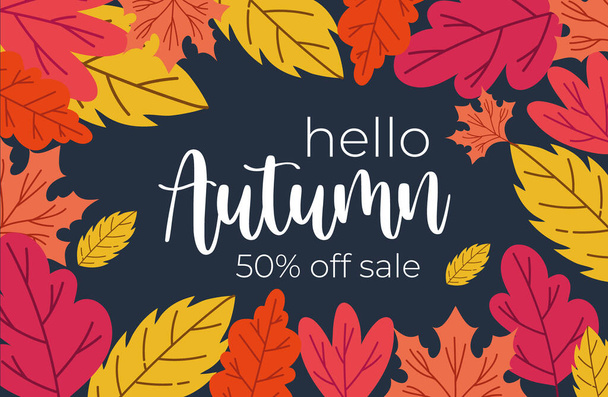 őszi eladás plakát betűkkel és levelek minta kék háttér - Vektor, kép