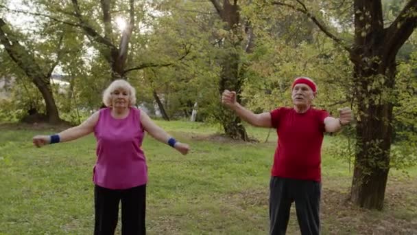 Senior aktiivinen pari tekee urheilu fyysisiä harjoituksia ulkona kaupungin puistossa. Aamulla venyttely harjoitus - Materiaali, video