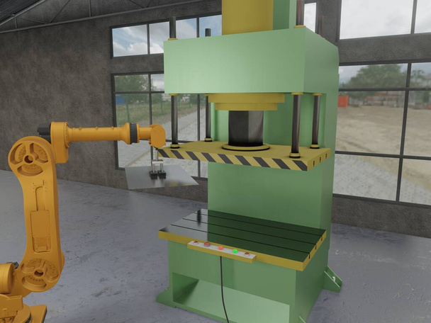 Automatisierte Fertigung Fabrik Roboterarm Beladen von Blech auf hydraulische Presse Stanzmaschine für den Umformprozess. Industrielle Metallverarbeitung. 3D-Renderbild - Foto, Bild
