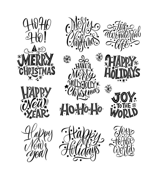 Happy New Year, typography lettering badge emblems quotes set collection. Great lettering for greeting cards, stickers, banners, prints and home interior decor. Xmas card. Merry Christmas 2021. - ベクター画像