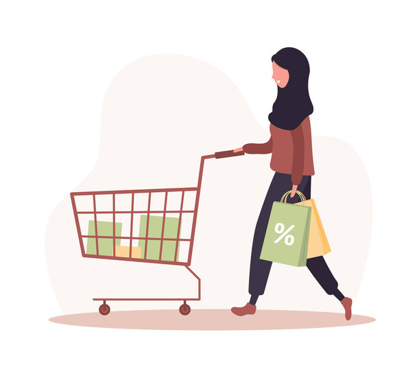 女性の買い物。カートとバッグを持つ幸せなアラブの女の子。白を背景にしたベクトル漫画のイラスト。販促・販売テンプレート. - ベクター画像