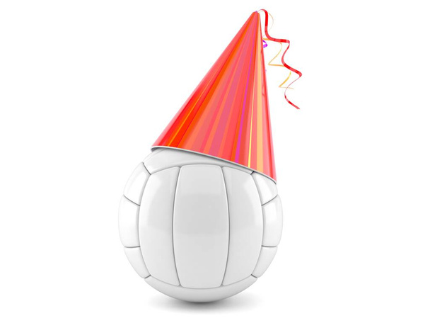 Bola de vôlei com chapéu de festa isolado no fundo branco. ilustração 3d - Foto, Imagem