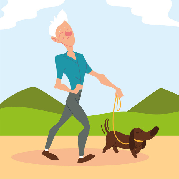 old man walks a dog in park, active senior - Vector, Image