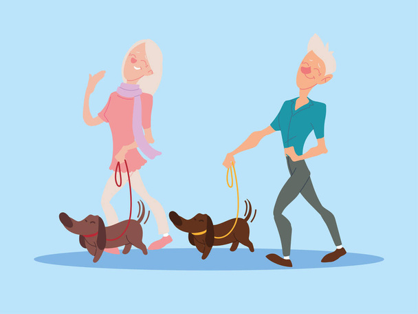 elderly couple walk their dogs, active seniors - Vector, Image