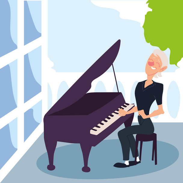 idosa tocando um piano, ativo sênior - Vetor, Imagem