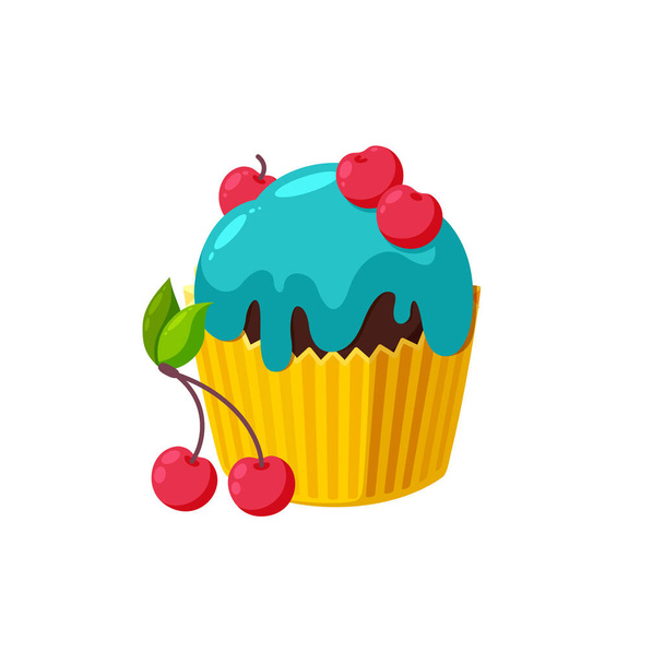 Cupcake with cherry and blue icing. Tasty dessert with shiny frosting. Vector illustration in cute cartoon style - Διάνυσμα, εικόνα