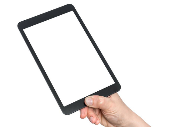 Tableta s bílou dotykovou obrazovkou v ruce ženy izolované na bílém pozadí - Fotografie, Obrázek