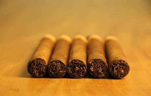 Vue rapprochée de plusieurs cigares sur fond en bois  - Photo, image