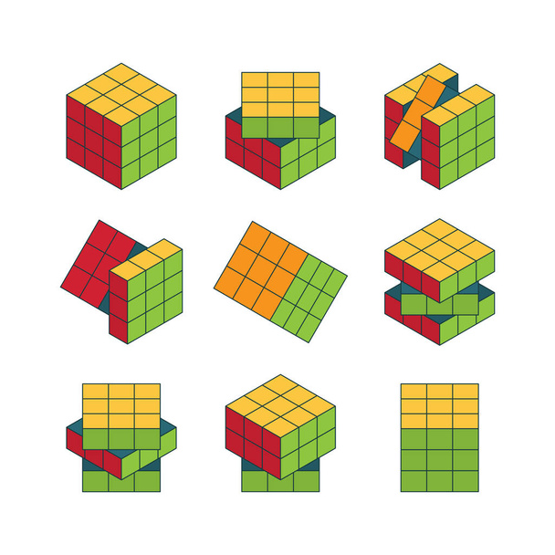 Rubiks cube isometric set. Color puzzle for development logic entertainment cubic face blocks different stages solving problem complex puzzle with multicolor design intelligent game. Vector element. - Vektori, kuva