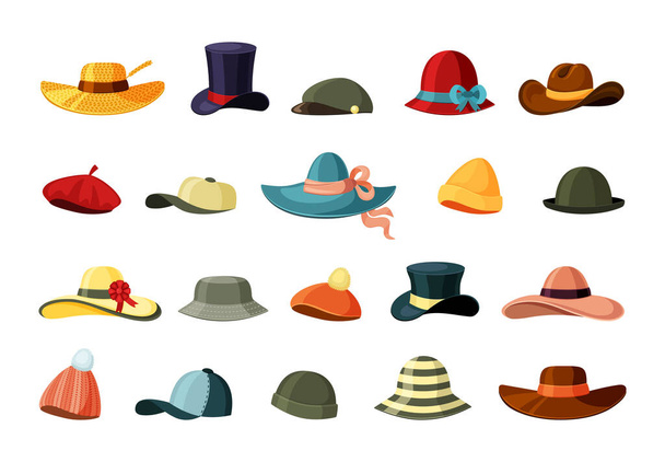 Hats and color caps set. Retro brown trilby trendy green baseball traditional felt bowler cap elegant purple top hat felt slouchy with curled brim cloche homburg wide ribbon panama. Cartoon vector. - Vector, afbeelding