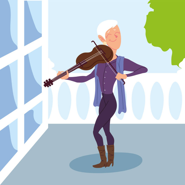 пожилая женщина, играющая на скрипке, активный старший - Вектор,изображение