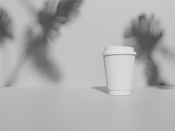 Paperi kahvikuppi mallina Monstera jättää varjon valkoisella pohjalla. 3D-renderointi. - Valokuva, kuva