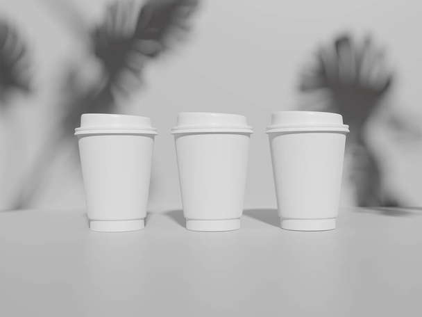 Kağıt kahve fincanı, beyaz arka planda Monstera 'nın gölgesi olan maket. 3B görüntüleme. - Fotoğraf, Görsel