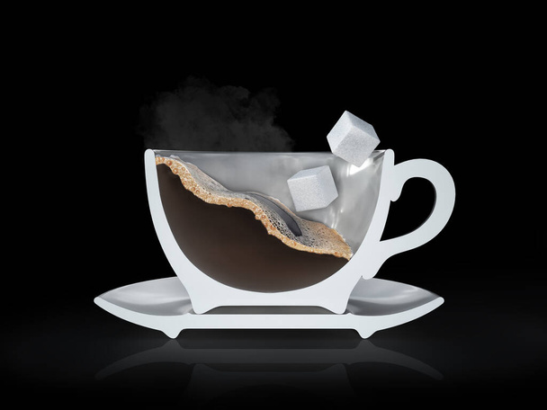 Half a cup of coffee. Vertical cut of cup with coffee. 3d illustration - Фото, зображення