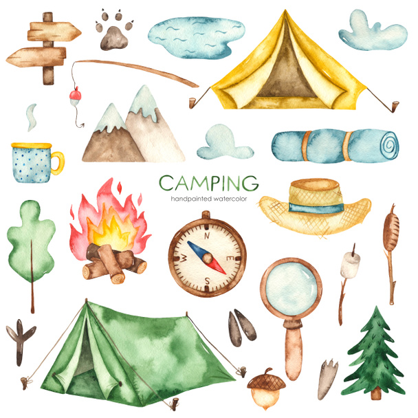 テント、たき火、釣竿、帽子、観光ラグ、コンパス、虫眼鏡、ポインタ。キャンプ用水彩クリップ - 写真・画像