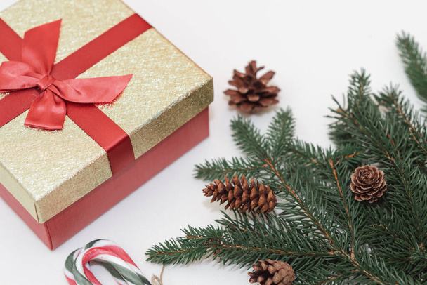 2021 vista superior Concepto de Navidad, caja de regalos, ramas, conos de abeto y bastones de caramelo sobre un fondo blanco. - Foto, Imagen