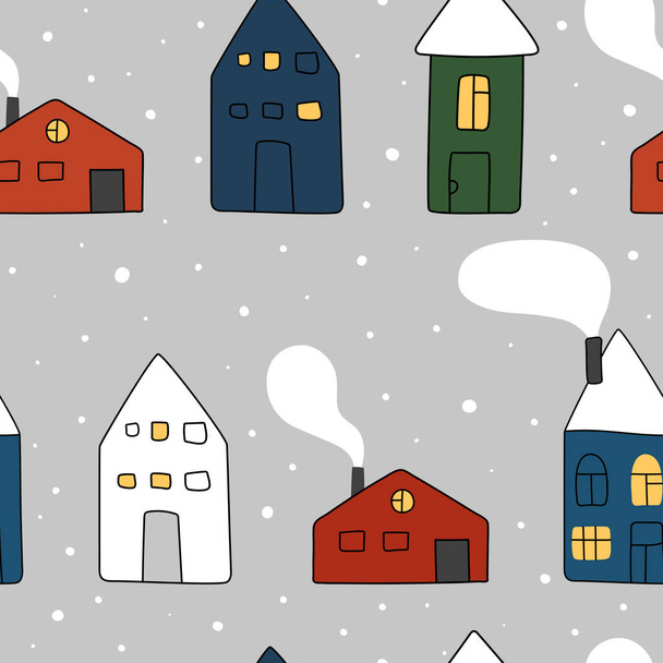 Рождественский бесшовный векторный узор с домами и снежинками. Бесшовный детский рисунок для открыток, оберточных бумаг, плакатов. Креативный рисунок для зимних каникул. Бесшовная текстура для рождественского дизайна - Вектор,изображение