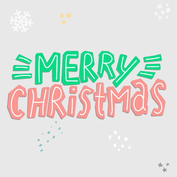 Merry Christmas. Hand drawn vector lettering and elements. Xmas wish with shades drawing. Handwritten funny soft color calligraphy. Winter holidays greeting card and clothing design. Merry Christmas for print on clothing, t-shirt, banner, souvenir. - Vector, Image
