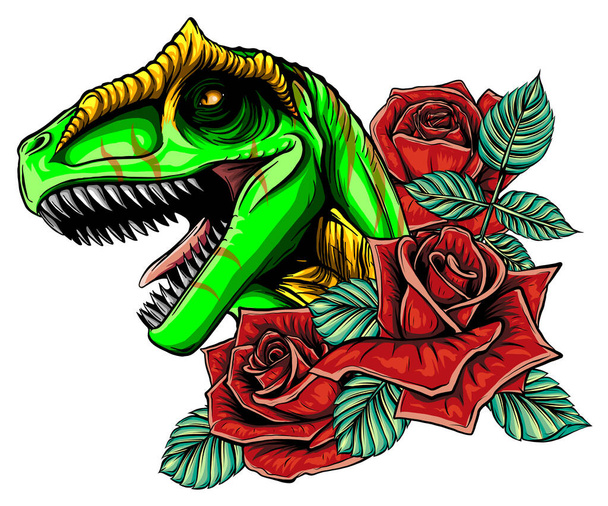 dinosaur and roses frame. vector design. Concept art drawing. - Vector, Image