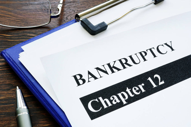 Papers about Bankruptcy chapter 12 and pen on the desk. - Фото, изображение