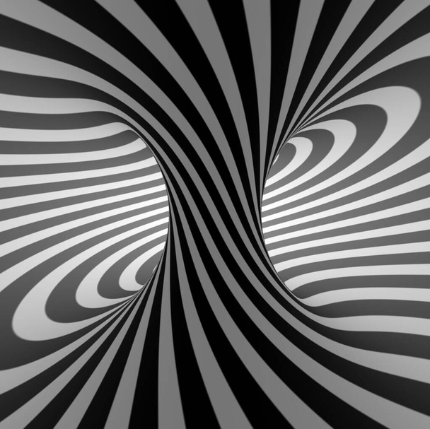 Detailní záběr zevnitř na Torus s geometrickým hypnotickým kroucením Bílé a černé pruhy uvnitř kruhu - Fotografie, Obrázek