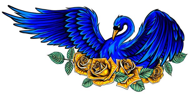 Portret van een zwaan met gespreide vleugels met spandoek en rode rozen. - Vector, afbeelding