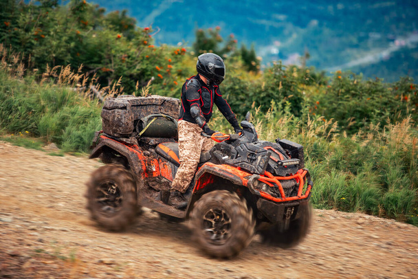 ATV rider rides through forest off-road in summer - Photo, Image