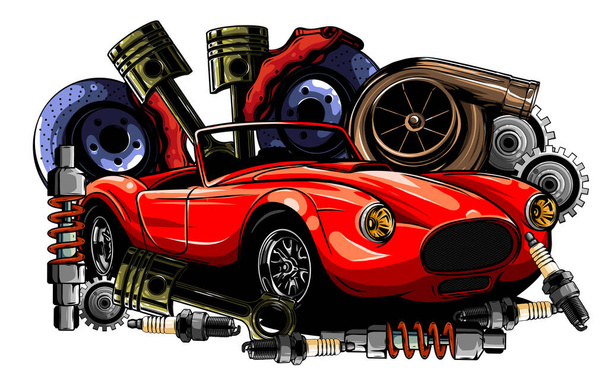 Ilustração vetorial do quadro de peças sobressalentes de carro e peças - Vetor, Imagem