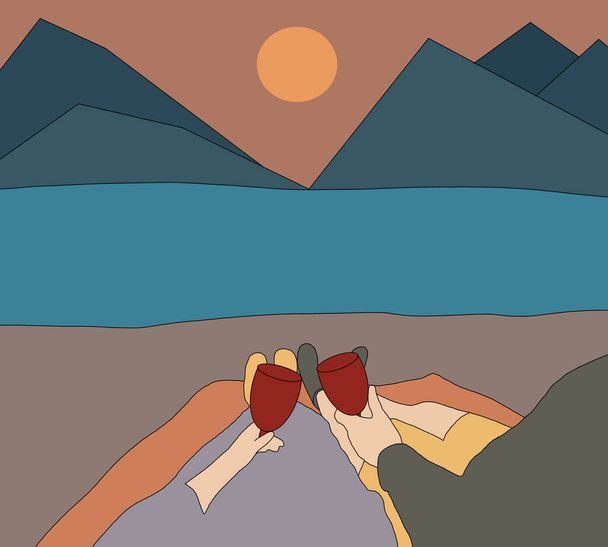 Onnellinen pari / ystävät onnellinen tilalla viinilasi päälle vuoren taustalla maiseman dramaattinen taivas auringonlaskun aikana.Vapaus onnea elämäntapa. - Valokuva, kuva