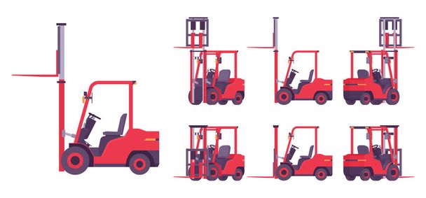 Carretilla elevadora, vehículo profesional rojo, plataforma para levantar, llevar carga - Vector, imagen
