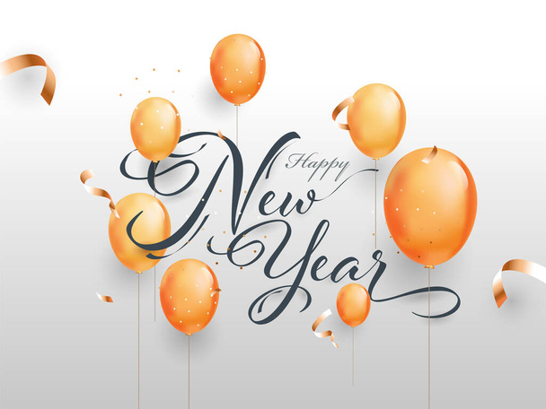 Happy New Year Font with Glossy Balloons and Bronze Confetti Ribbon on Light Grey Background. - Vektör, Görsel
