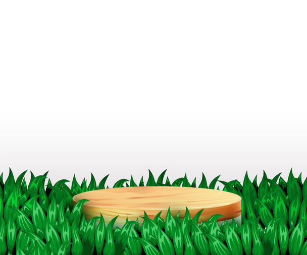 Abstract scene background. Cylinder wood podium on white background with grass. Product presentation, mock up, show cosmetic product, Podium, stage pedestal or platform. - Vecteur, image