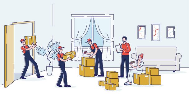 I caricatori trasportano scatole nel nuovo salotto di casa mentre il processo di spostamento della casa - Vettoriali, immagini