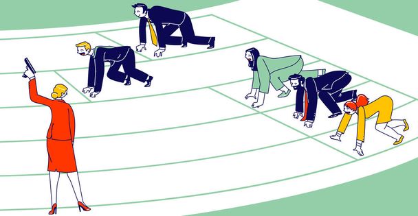 Unfair Business Competition Concept. Businessmen and Women Characters Stand in Low Start Posture Prepare to Run - Vector, Image