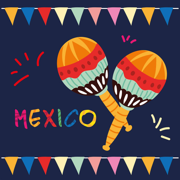 etiqueta mexicana con un par de maracas, instrumento musical - Vector, imagen