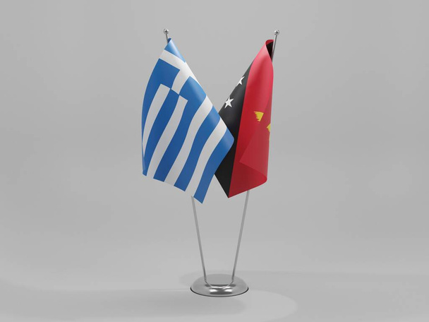 Papua Yeni Gine - Yunanistan İşbirliği Bayrakları, Beyaz Arkaplan - 3D Render - Fotoğraf, Görsel
