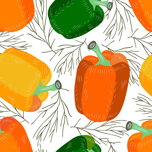 Bell pepper and dill sprigs on a white background. Vector seamless pattern. Autumn vegetables. - Vector, imagen