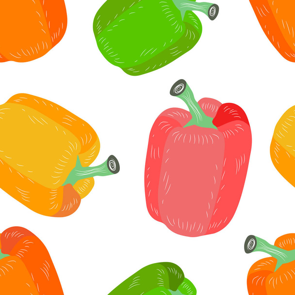 Red, yellow, green, orange bell pepper on a white background. Vector seamless pattern. Autumn vegetables. - Διάνυσμα, εικόνα