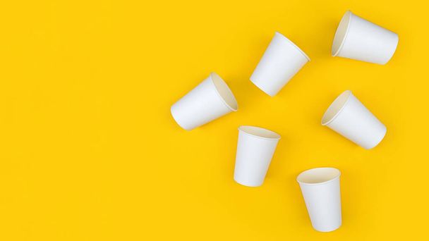 White paper cups on yellow backdrop banner. Ecology. Zero waste, recycling concept. Mock up template. Flat lay view. Space for text - Foto, imagen