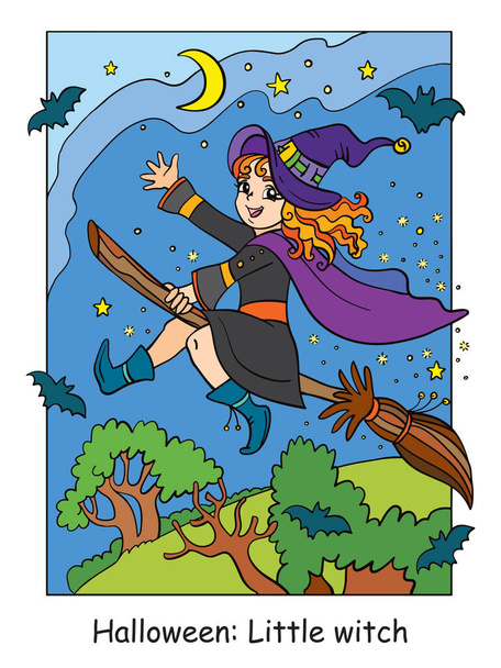 Colorful Halloween cute little witch flying on broom - Vector, Image