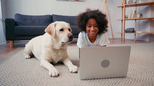Afroamerikanerin nahe Hund schaut auf Laptop, während sie zu Hause auf Teppich liegt - Filmmaterial, Video