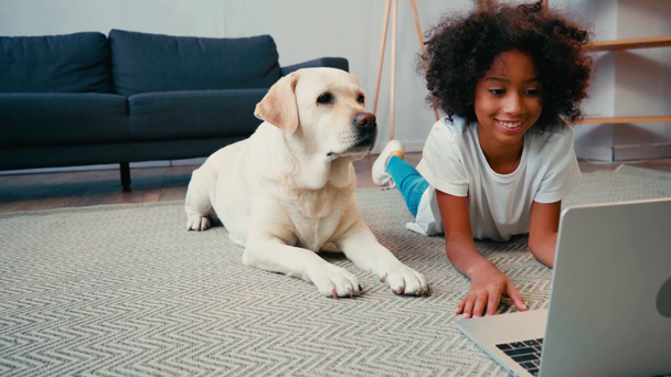 Afrikaans amerikaans meisje liggend op tapijt in de buurt laptop en hond kwispelende staart thuis - Video