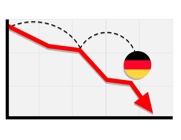 Bandera de Alemania con el gráfico de flecha roja bajando mostrando la recesión de la economía y las acciones caen. Crisis, Alemania concepto de economía. Para temas como economía global, economía alemana, banca, finanzas - Vector, Imagen