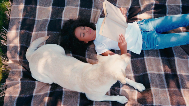 Horní pohled na africkou americkou dívku čtení knihy u psa, ležící na kostkované přikrývky - Záběry, video