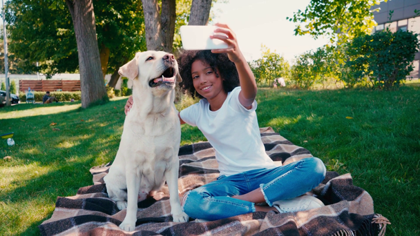 Afrikalı Amerikalı kız köpeğe sarılıyor, selfie çekiyor ve ekose battaniyeye oturuyor. - Video, Çekim