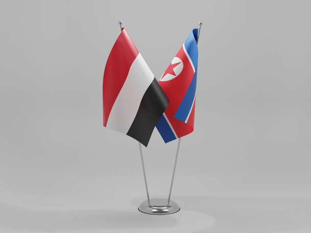 Kuzey Kore - Yemen İşbirliği Bayrakları, Beyaz Arkaplan - 3D Render - Fotoğraf, Görsel