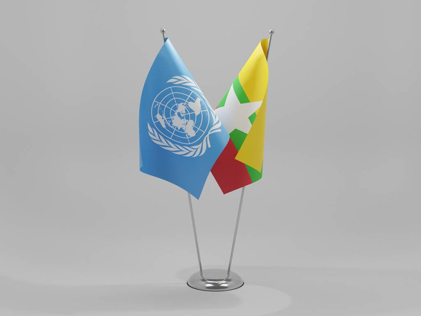 Myanmar - Birleşmiş Milletler İşbirliği Bayrakları, Beyaz Arkaplan - 3D Render - Fotoğraf, Görsel