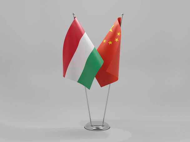 Flagi współpracy Chiny-Węgry, białe tło - Render 3D - Zdjęcie, obraz